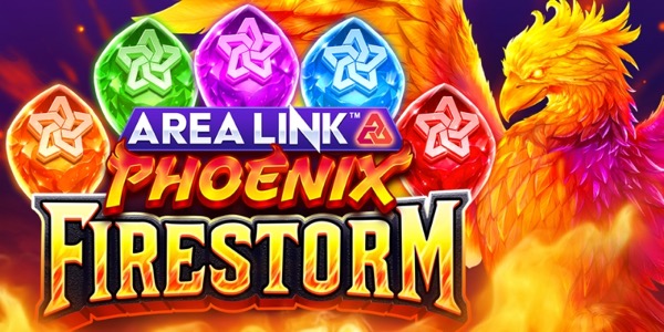 Pantalla de la tragamonedas Area Link Phoenix Firestorm de AreaVegas Games, con una fénix renaciendo entre lava y huevos dorados brillantes