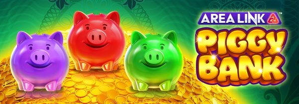 Arte oficial de la tragamonedas Area Link Piggy Bank de AreaVegas Games, con alcancías de colores