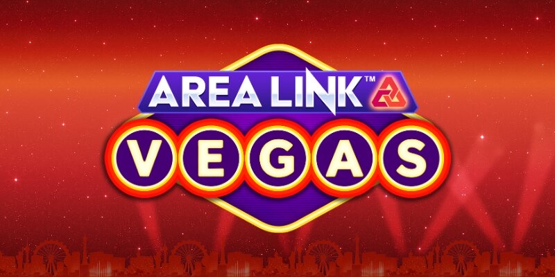 Pantalla de la tragamonedas Area Link Vegas de AreaVegas Games, con un fondo carmesí, luces de neón y fichas de casino doradas