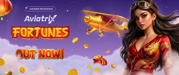 Arte de lanzamiento de la tragamonedas Aviatrix Fortunes, con visual oriental de la suerte en rojo y dorado