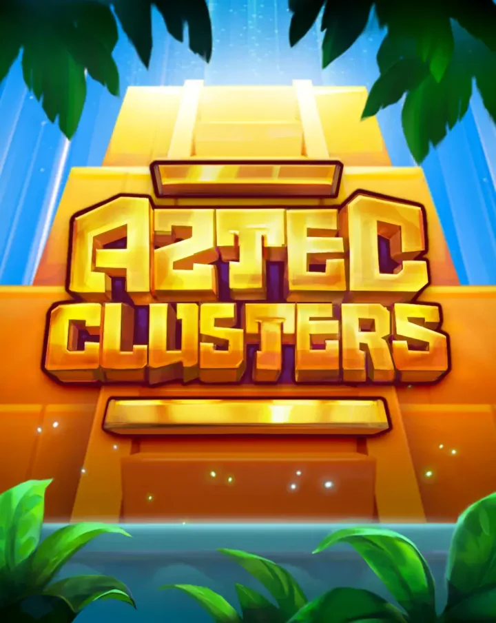 Arte oficial de Aztec Clusters de BGaming, con glifos y templo azteca dorado sobre una cuadrícula 6x8 de cluster pays