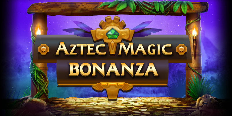Arte oficial de la tragamonedas Aztec Magic Bonanza de BGaming, con templos aztecas y símbolos dorados sobre una cuadrícula 5x6