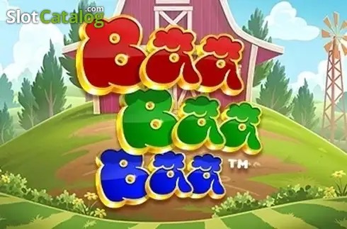 Pantalla de la tragamonedas Baa. Baa. Baa de Playtech, con ovejas de dibujos animados, fardos de heno y un molino de viento rústico sobre los rodillos