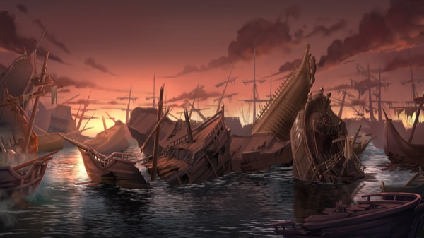 El pirata Barbarossa en escena de batalla naval nocturna en la tragamonedas Barbarossa Revenge
