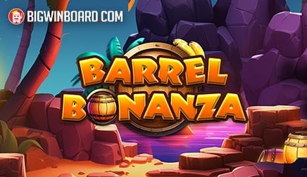 Arte oficial de la tragamonedas Barrel Bonanza de Hacksaw Gaming, con gorila lanzando barriles en isla tropical