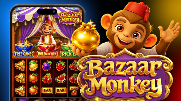 Carretes de la tragamonedas Bazaar Monkey con un changuito comodín y frutas de mercado