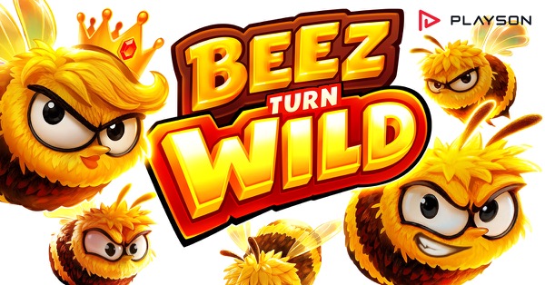 Arte promocional de la tragamonedas Beez turn Wild de Playson, con abejas animadas volando hacia colmenas sobre fondo de panal