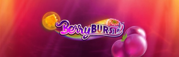 Pantalla de la tragamonedas Berryburst de NetEnt, con símbolos de frutos rojos y fondo colorido de verano