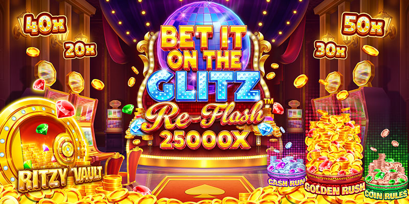 Pantalla de la tragamonedas Bet It on the Glitz Re-Flash V94 de Foxium, con fichas de casino, gemas de colores y luces de neón estilo Las Vegas