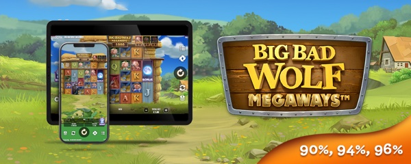 Arte oficial de la tragamonedas Big Bad Wolf Megaways de Quickspin, con el lobo feroz soplando la casa de los tres cerditos