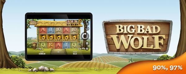 Pantalla del juego Big Bad Wolf de Quickspin con el lobo feroz y los cerditos en escenario de granja