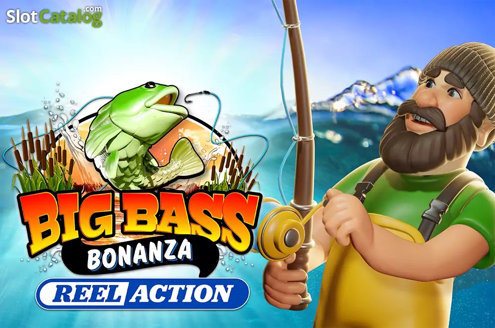 Pantalla de la tragamonedas Big Bass Bonanza Reel Action de Pragmatic Play, con el Pescador Wild, libélulas y símbolos de peces con valores en efectivo