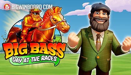 Pantalla de la tragamonedas Big Bass Day at the Races de Pragmatic Play, con el pescador en el hipódromo rodeado de caballos y símbolos de dinero