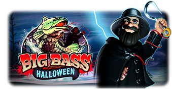 Arte oficial de la tragamonedas Big Bass Halloween de Pragmatic Play, con un pescador siniestro en un lago oscuro de noche