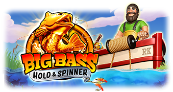 Arte oficial de la tragamonedas Big Bass Hold & Spinner de Pragmatic Play, con pescador y máquina de monedas giratoria