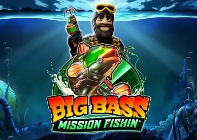 Pantalla de la tragamonedas Big Bass Mission Fishin de Reel Kingdom, con el pescador clásico de la saga Big Bass y símbolos de dinero