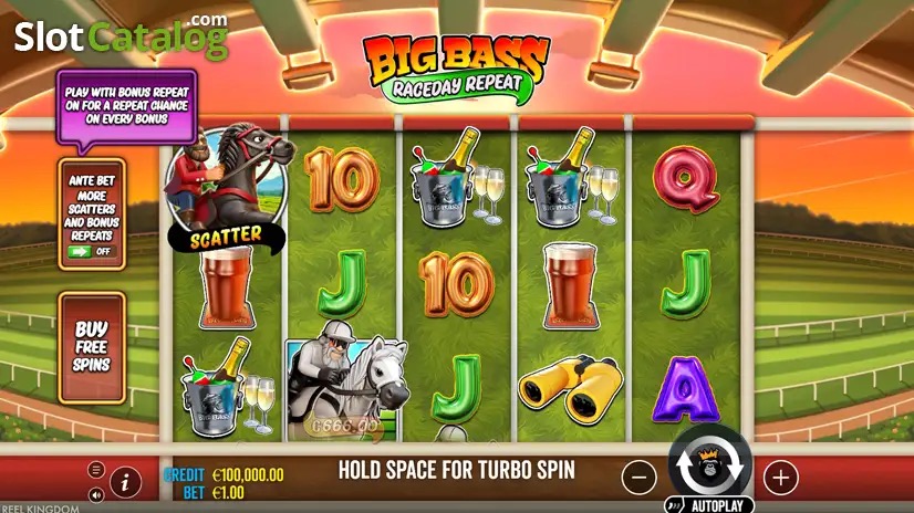 Pantalla de la tragamonedas Big Bass Raceday Repeat de Pragmatic Play, con el pescador en el hipódromo y símbolos de dinero sobre las pistas