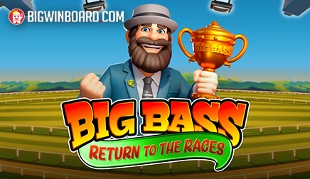 Pantalla de la tragamonedas Big Bass Return to the Races de Pragmatic Play, con el pescador clásico de la serie en una pista de carreras de caballos