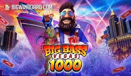 Arte oficial de la tragamonedas Big Bass Vegas 1000 de Pragmatic Play/Reel Kingdom, con el Pescador de esmoquin en un casino de neón junto a peces con valor de dinero
