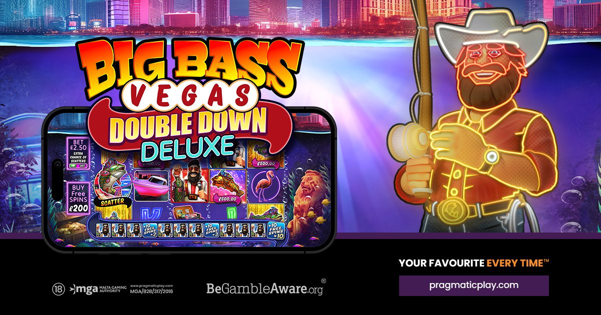 Pantalla de la tragamonedas Big Bass Vegas Double Down Deluxe de Pragmatic Play, con el letrero de neón de Las Vegas sobre un escenario de pesca submarina