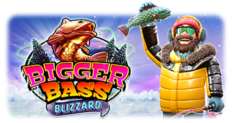 Pantalla navideña de la tragamonedas Bigger Bass Blizzard - Christmas Catch de Pragmatic Play, con lago congelado, peces de valor y pescador con ropa de invierno