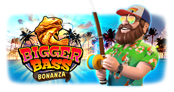 Arte oficial de la tragamonedas Bigger Bass Bonanza de Pragmatic Play, con pescador y cuadrícula ampliada