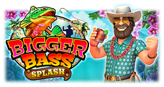 Pantalla de la tragamonedas Bigger Bass Splash de Pragmatic Play, con un pescador en un escenario de playa y cocteles tropicales