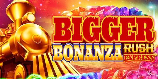 Arte oficial de la tragamonedas Bigger Bonanza Rush Express de AreaVegas Games, con tren y minas de oro
