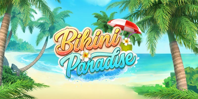 Pantalla de la tragamonedas Bikini Paradise de PG Soft, con una playa tropical y wilds apilados en los rodillos
