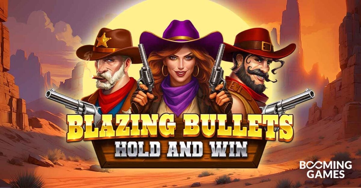 Arte de la tragamonedas Blazing Bullets: Hold and Win de BoomingGames, con balas y un revólver en escenario de viejo oeste