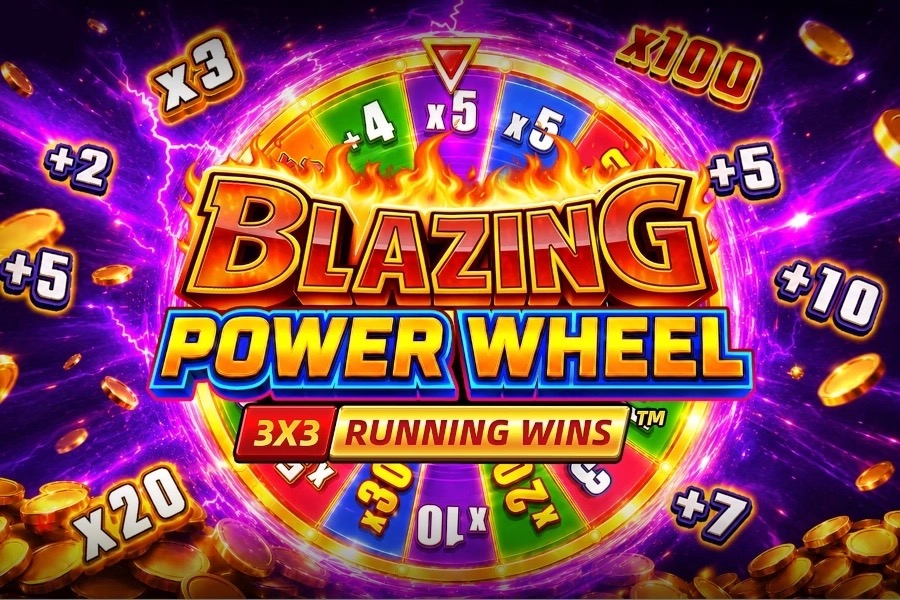 Pantalla principal de la tragamonedas Blazing Power Wheel: Running Wins 3x3 de Fugaso, con monedas ardientes y carretes clásicos 3x3