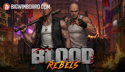 Arte de la tragamonedas Blood Rebels de Bullshark Games, con dos hermanos rebeldes en una ciudad en llamas