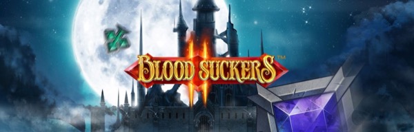 Arte oficial de la tragamonedas Blood Suckers II de NetEnt, con la vampiresa Amilia en un castillo gótico