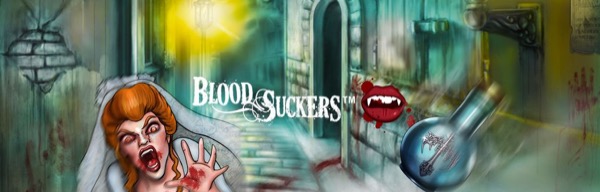 Arte oficial de la tragamonedas Blood Suckers de NetEnt, con castillo gótico y vampiros