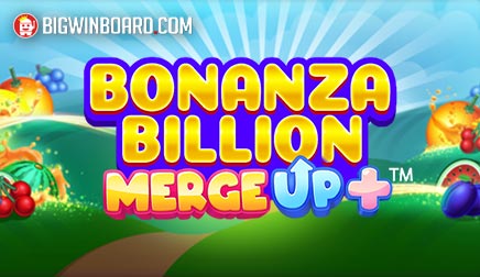 Arte oficial de la tragamonedas Bonanza Billion Merge Up+ de BGaming, con frutas y gemas relucientes sobre una cuadrícula colorida
