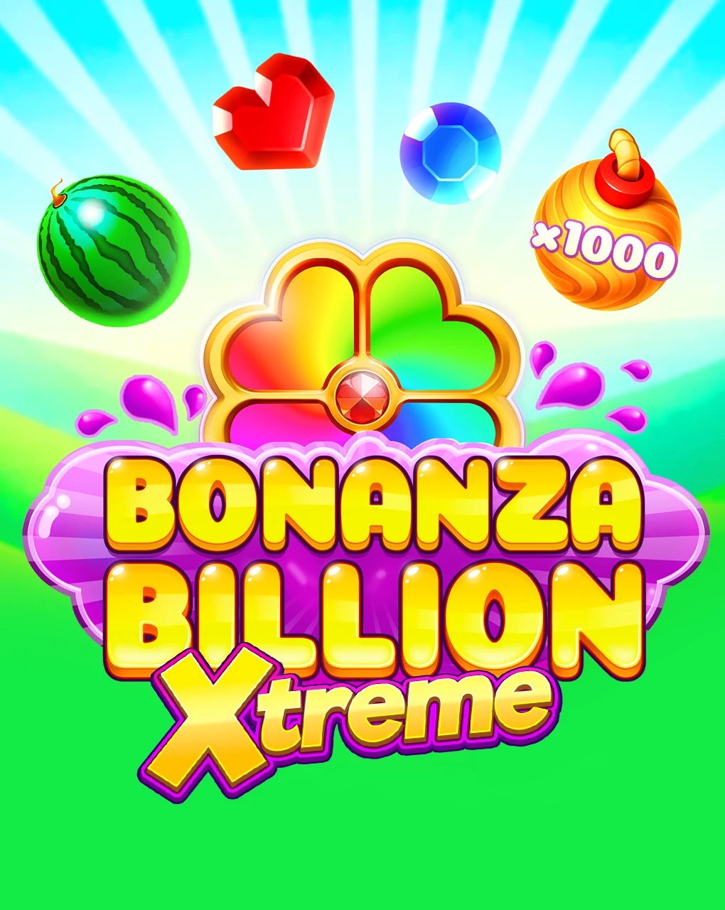 Arte oficial de la tragamonedas Bonanza Billion Xtreme de BGaming, con frutas, bombas doradas y gemas sobre una cuadrícula colorida