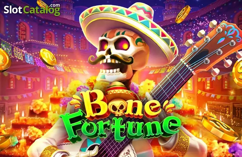 Pantalla de la tragamonedas Bone Fortune de TaDa Gaming, con un altar de Día de Muertos, veladoras y calaveritas sobre los rodillos