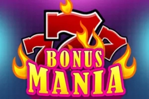 Arte de la tragamonedas Bonus Mania de KA Gaming, con símbolos clásicos de 7s, BAR y cerezas sobre fondo azul con llamas