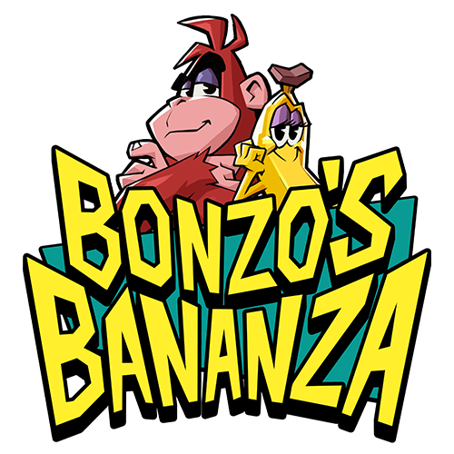 Arte oficial de la tragamonedas Bonzos Bananza de ELK Studios, con el mono Bonzo en un templo cubierto de enredaderas y plátanos