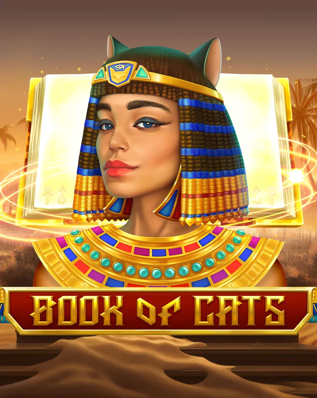 Arte oficial de la tragamonedas Book of Cats de BGaming, con la diosa egipcia Bastet y un libro dorado rodeado de gatos sagrados