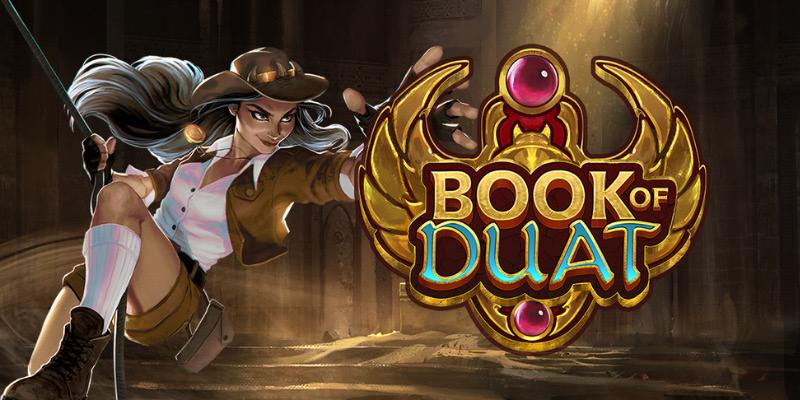 Arte oficial de la tragamonedas Book of Duat de Quickspin, con Anna la Exploradora frente a símbolos del inframundo egipcio y el dios Anubis