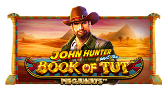 Arte oficial de la tragamonedas Book of Tut Megaways de Pragmatic Play, con el explorador John Hunter en un escenario del Antiguo Egipto
