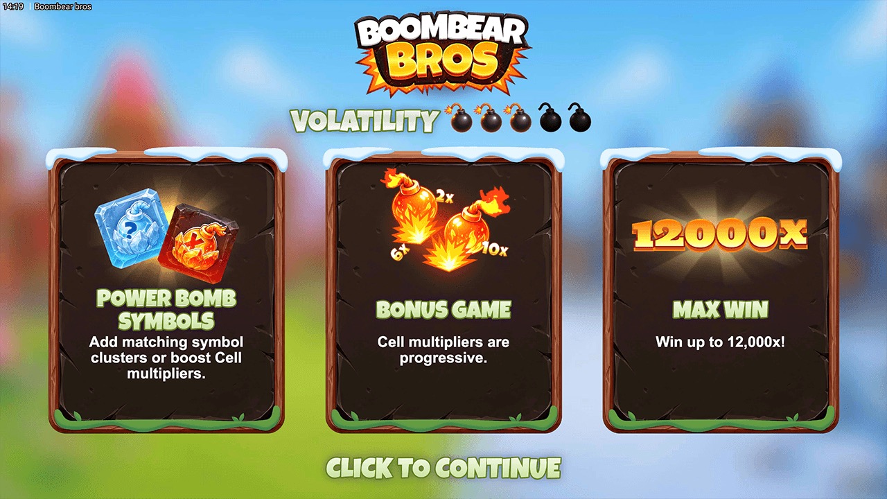 Arte oficial de la tragamonedas Boombear Bros de Bullshark Games, con dos osos hermanos rodeados de explosivos de fuego y hielo