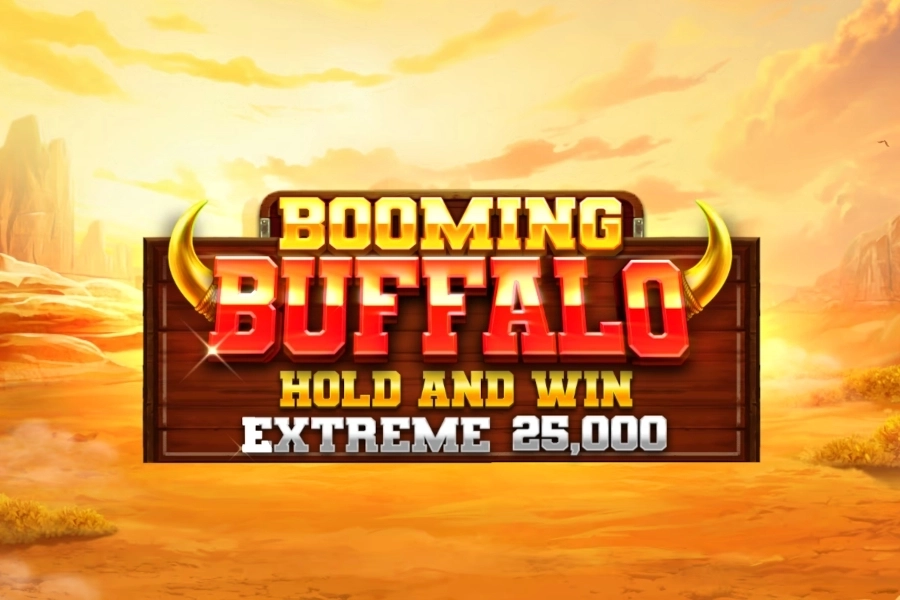 Arte oficial de la tragamonedas Booming Buffalo Hold and Win Extreme 25000 de BoomingGames, con bisontes, águilas y lobos en la pradera americana