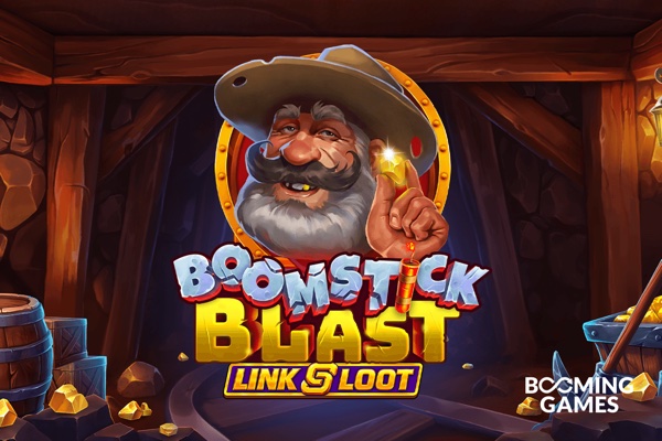 Arte oficial de la tragamonedas Boomstick Blast: Link & Loot de BoomingGames, con tema de minería y dinamitas explosivas
