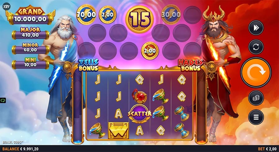 Pantalla de la tragamonedas Brawl Gods V94 de Foxium, con Zeus y Hades en lados opuestos de la cuadrícula dividida entre cielo eléctrico e inframundo en llamas