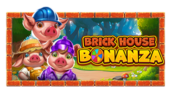 Arte oficial de la tragamonedas Brick House Bonanza de Pragmatic Play, con cochinitos y lobo en tema de construcción