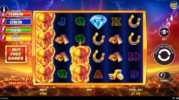 Pantalla de la tragamonedas Buffalo Blitz: Cash Collect de Playtech, con búfalos, monedas doradas y símbolos de recolección de efectivo
