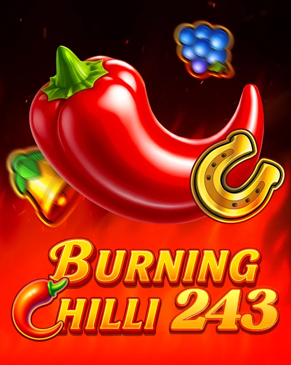 Arte oficial de la tragamonedas Burning Chilli 243 de BGaming, con chiles, campanas y frutas sobre fondo de fuego en cuadrícula 5x3