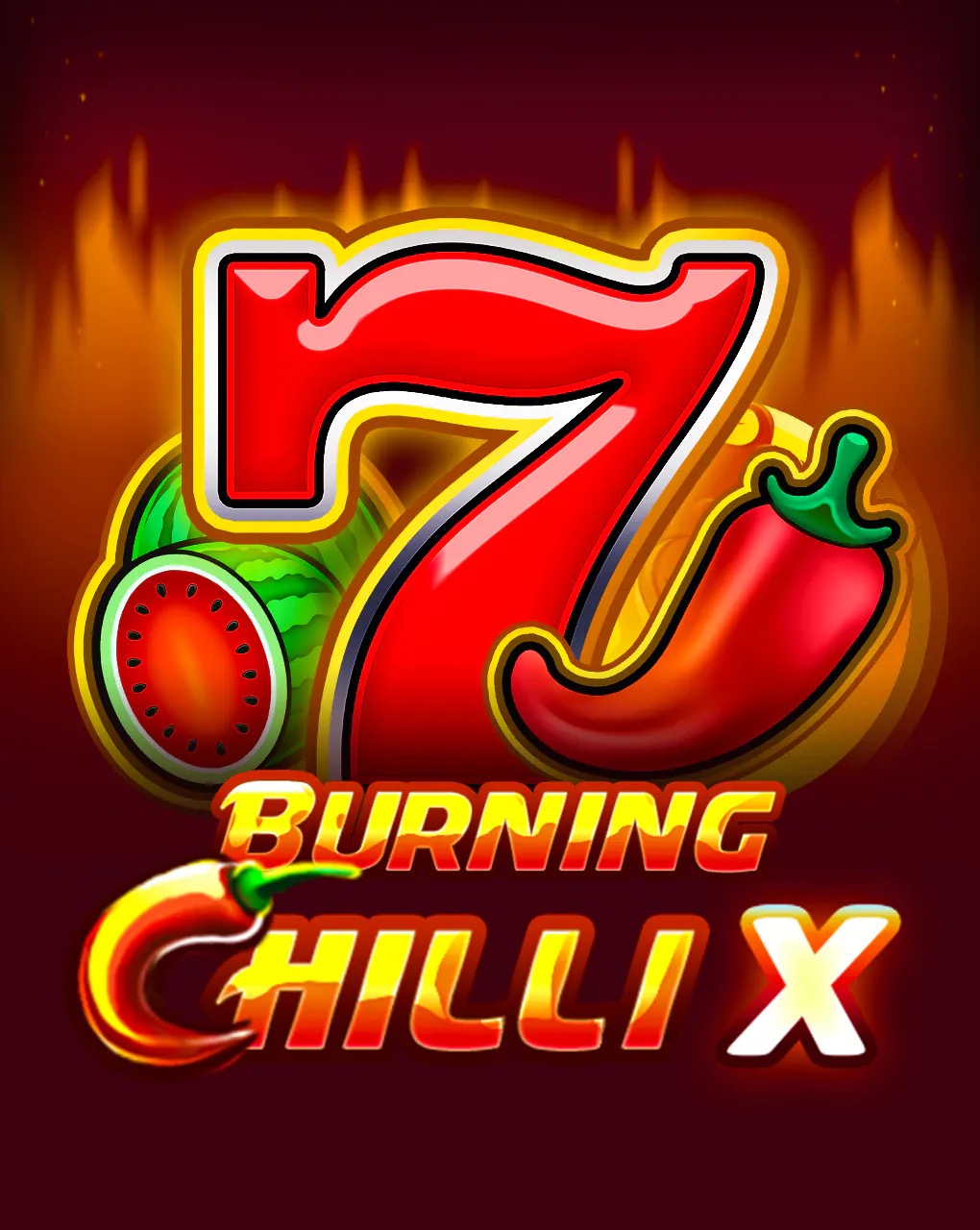 Arte oficial de la tragamonedas Burning Chilli X de BGaming, con chiles ardientes y símbolos de fruta clásicos sobre fondo de fuego